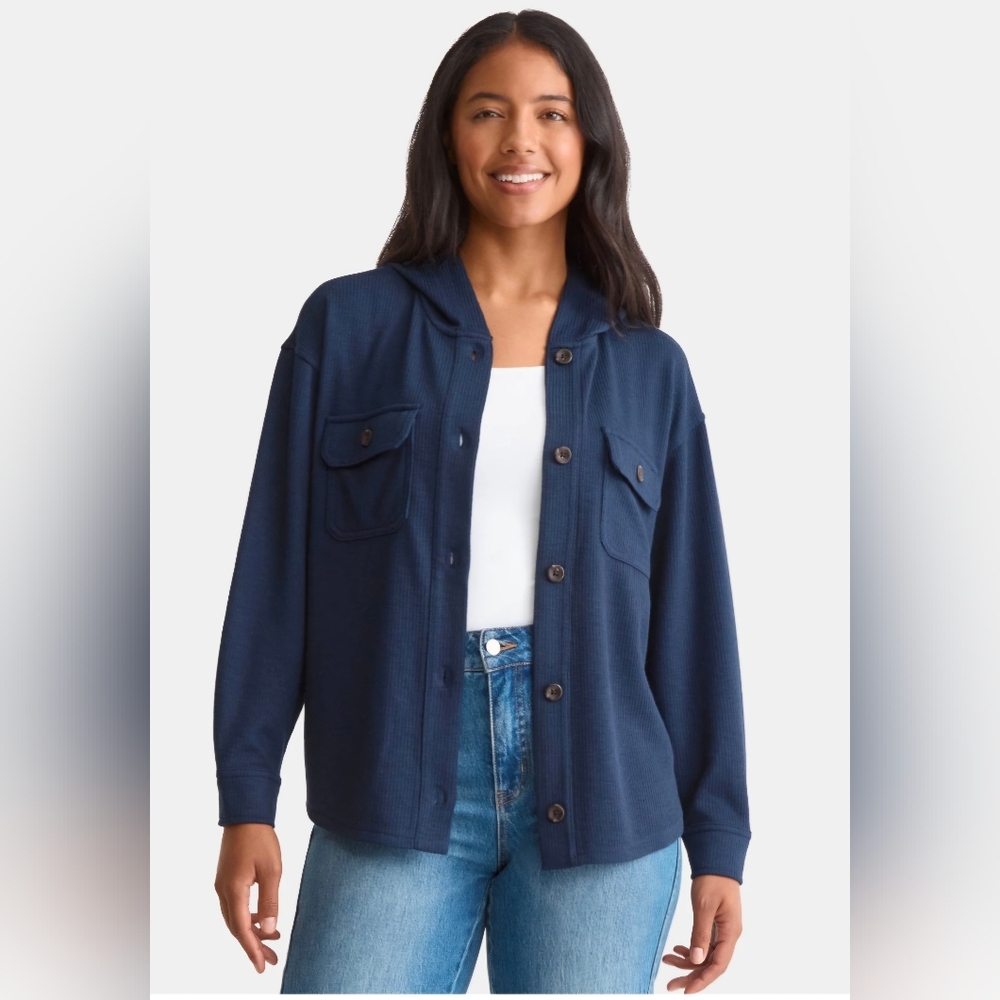 Time and Tru Women's Ribbed Shirt Jacket with Hood Dark Navy Size Medium Shacket